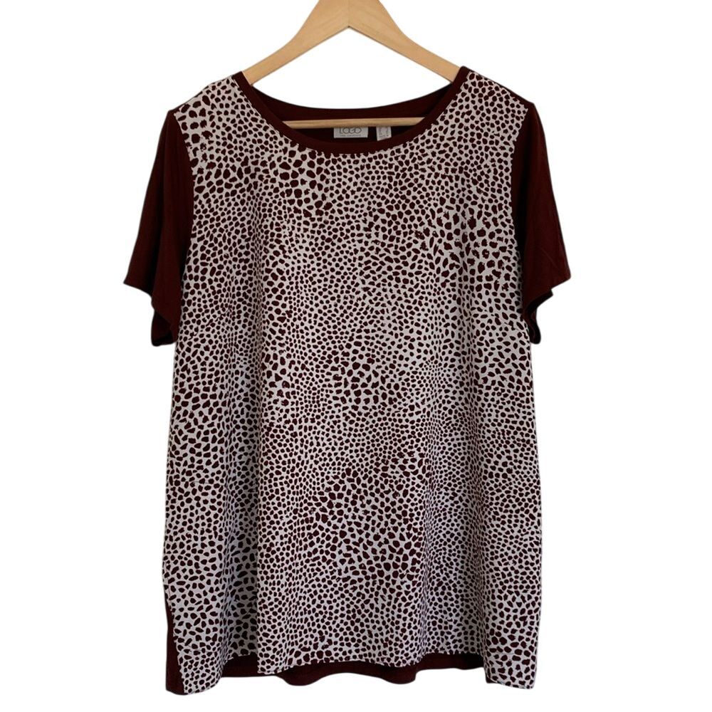 LOGO by Lori Goldstein Womens Short Sleeve Tunic Size L Burgundy‎ Animal Print